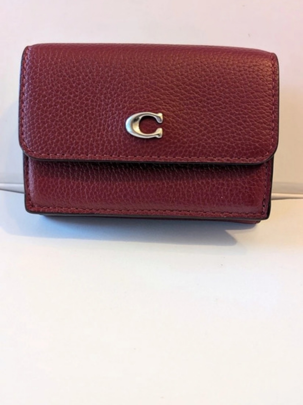 ❤️ Coach Polished Pebbled Leather Essentials Mini Trifold Wallet Dark Ruby